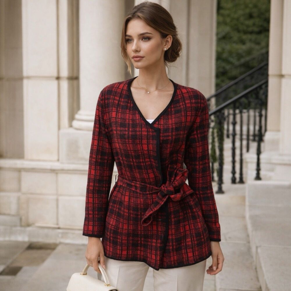 J.McLaughlin Red Black Plaid Wrap Cardigan Womens M‎ 100% Wool Cozy Classic